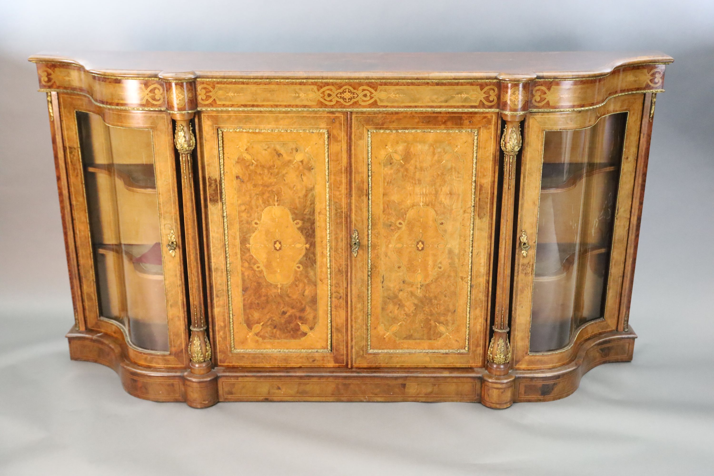 A Victorian figured walnut and marquetry side cabinet, W.6ft 6in. D.1ft 5in. H.3ft 6in.